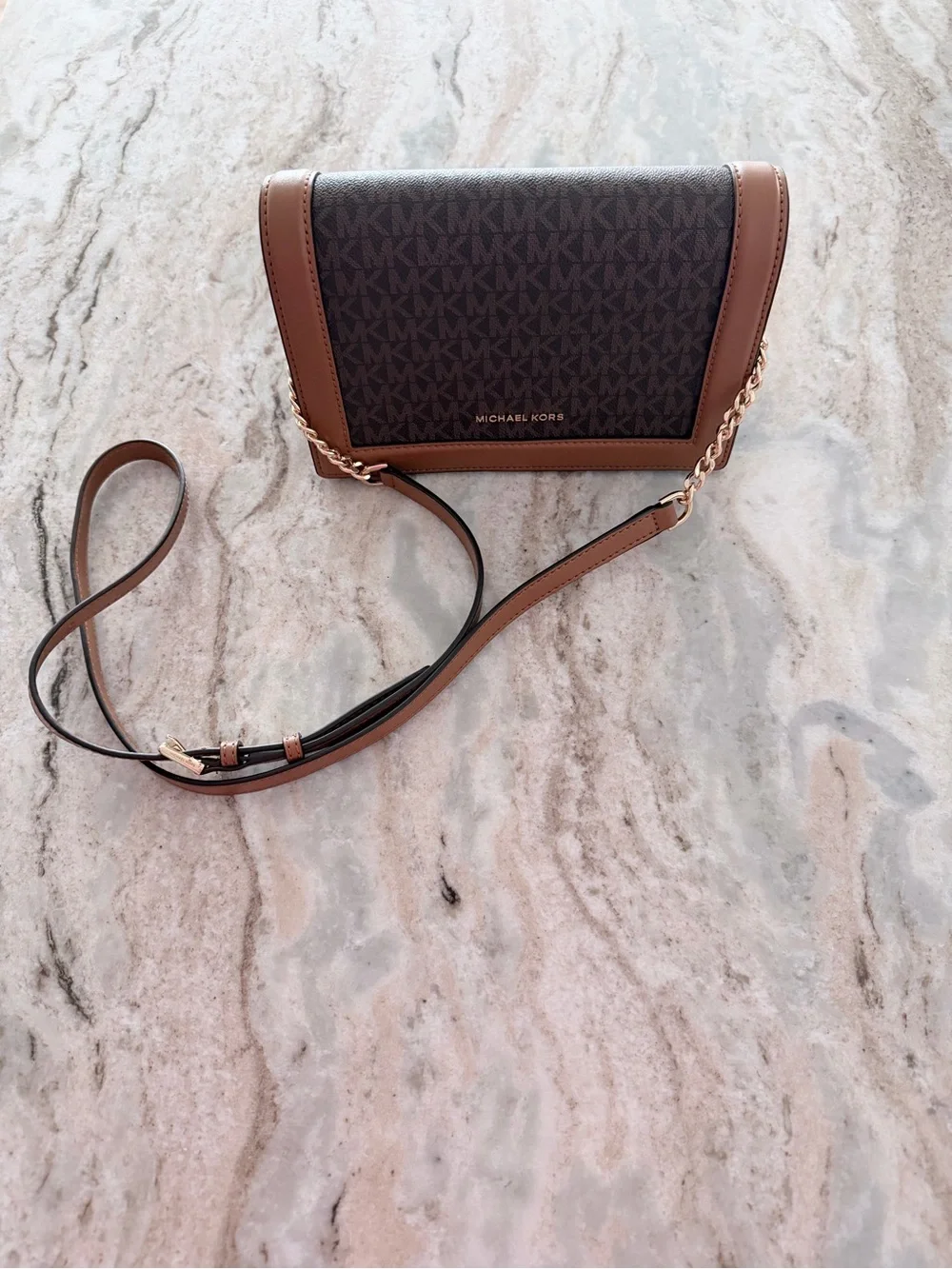 Michael Kors Brown and Tan Logo Crossbody Bag 6” H x 9” W
